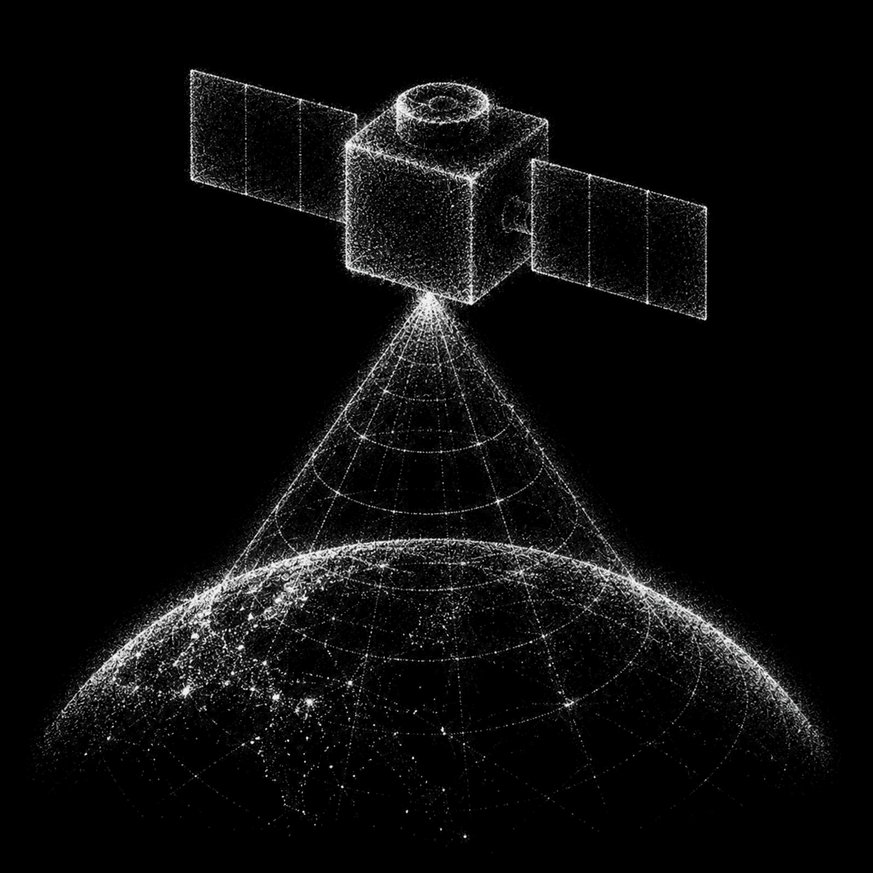 A satellite drawn as a point cloud, its sensor cone opening onto the curve of the earth below.