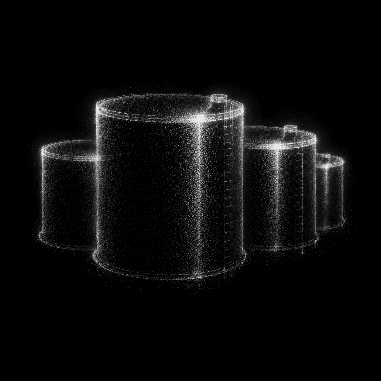 Four tanks of different sizes standing together as one tank farm, drawn as a point cloud.