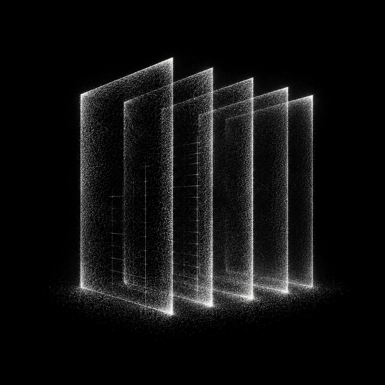 Five flat sheets standing in a row like filed reports, drawn as a point cloud.