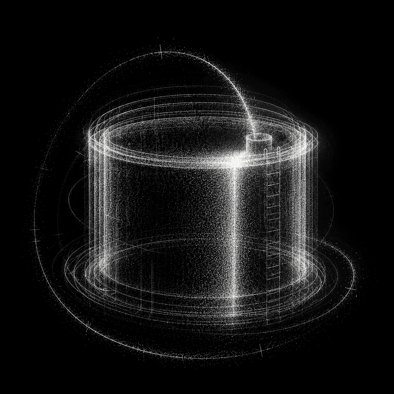 A storage tank held inside concentric measurement shells, every pass leaving another ring.