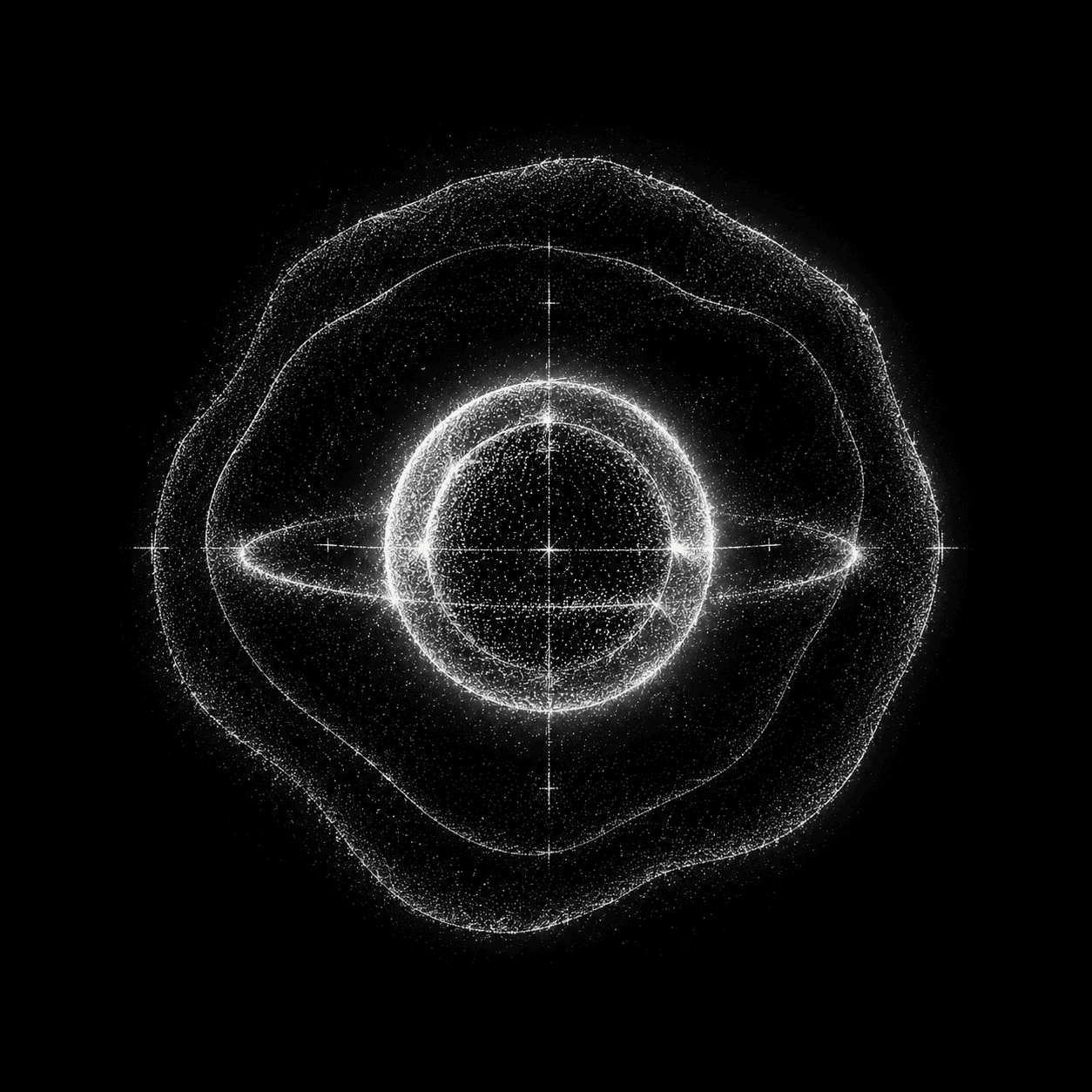 A sphere on a reticle inside a wider, rougher shell, the gap between the two standing in for its error bar.