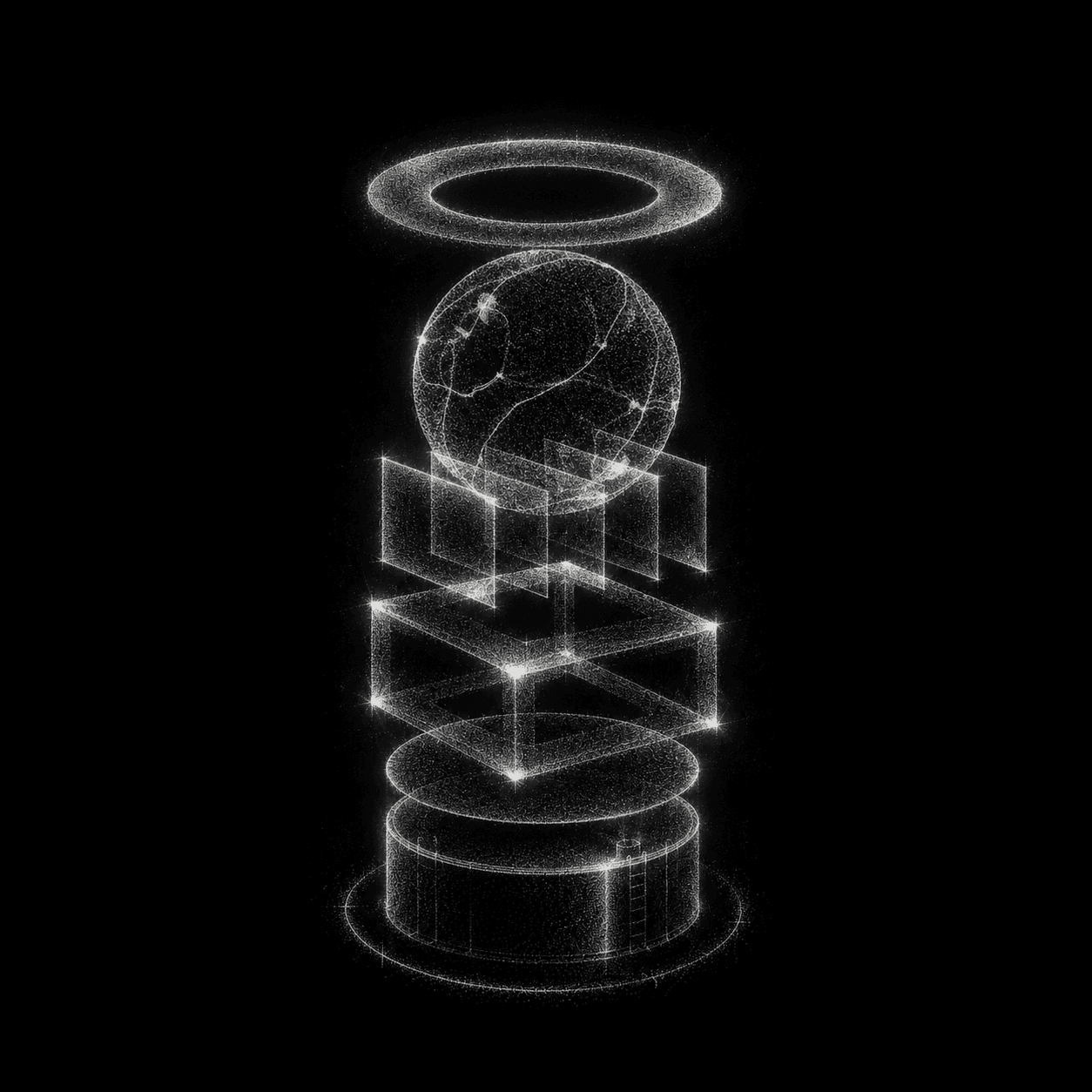 The stack pulled apart into layers, a tank at the base and a globe and an orbit at the top.