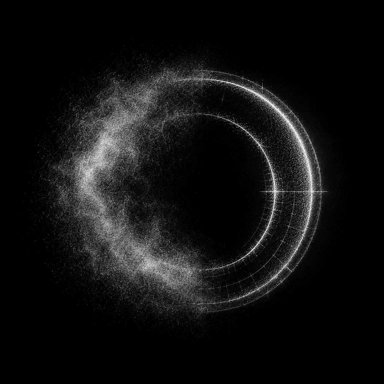 A ring resolved into a measured grid down one side and left as a diffuse cloud down the other.