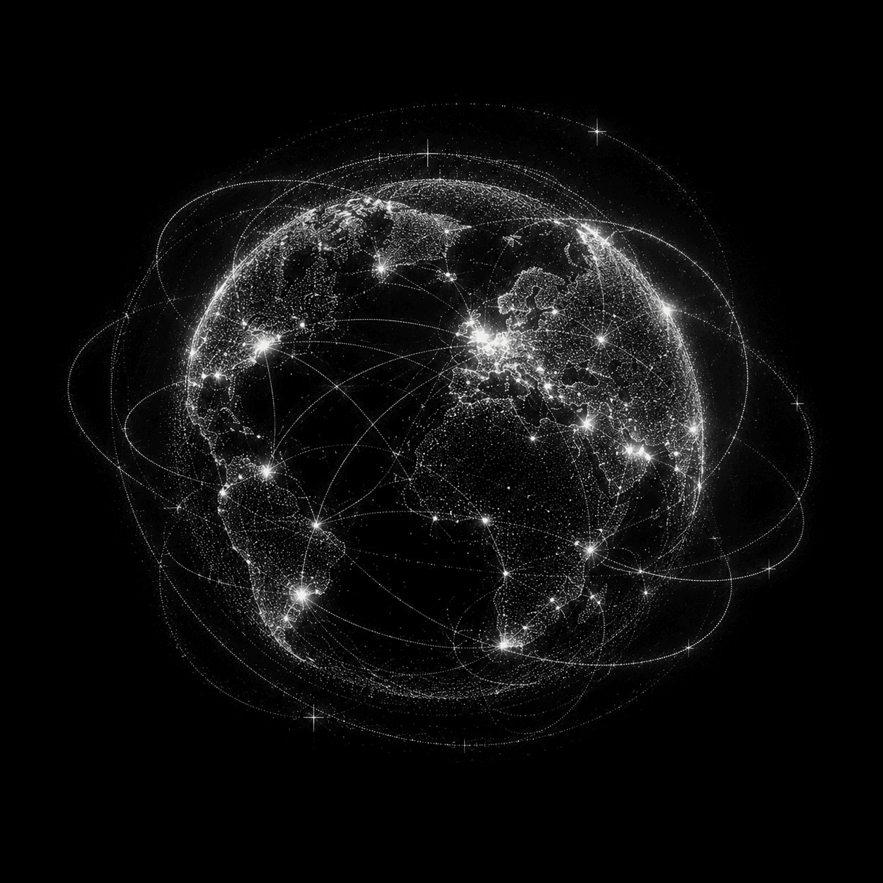 The globe wrapped in orbital tracks, terminals lit at points across every continent.